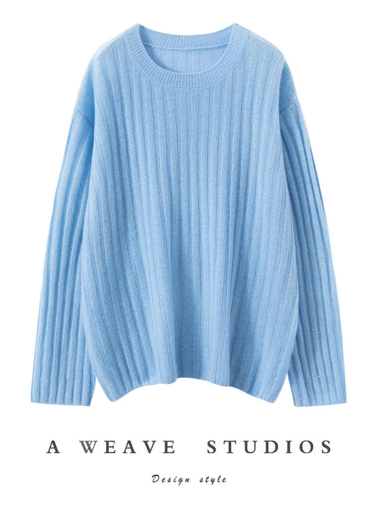 Women's Cashmere Round Neck Sweater - Autumn/Winter Soft Knit with Sequins, Long Sleeve Base Layer