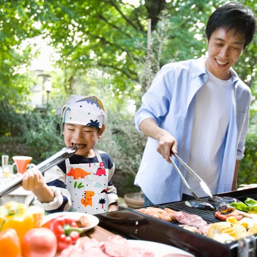 Athbavib Kids' Apron, Cute Dinosaur, White, with Triangle Scarf and Pockets, Adjustable, 50*60cm, Waterproof Cotton, Easy Care, for Boys and Girls, Ki