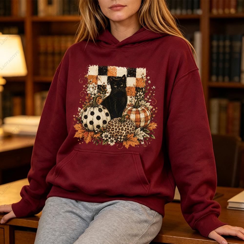 Black Cat Pumpkin Fall Checkered Graphic Hoodie Women Casual Long Sleeve Pullover Vintage Halloween Autumn Holiday Gift Top