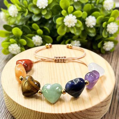 Natural Rainbow Stone Woven Bracelet, Seven Pulse Peach Heart, Adjustable, Crystal bracelet,Christmas Gift, Stocking Stuffers, Valentine's Day Gift