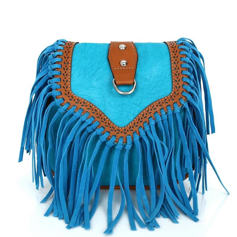 Bohemian tassel crossbody bag forest style women s bag fashionable retro shoulder bag frosted small bag messenger bag 20x18cm синий