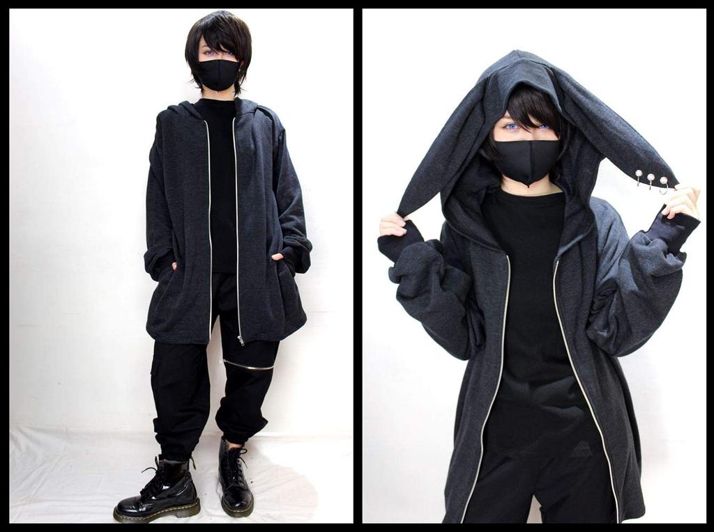 ROSEATE Rabbit Ear Hoodie with Pierced Soft Long Made in and Rabbit Ears, Zip-Up Hoodie, Lightweight, Length, Japan, Men's Women's, (Black)