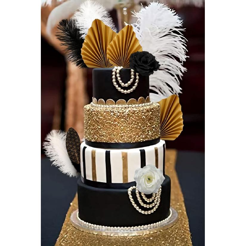 JeVenis Feather Cake Decoration Set - 13 Pieces - Black, White & Gold - Gatsby, 1920s, Formal Event