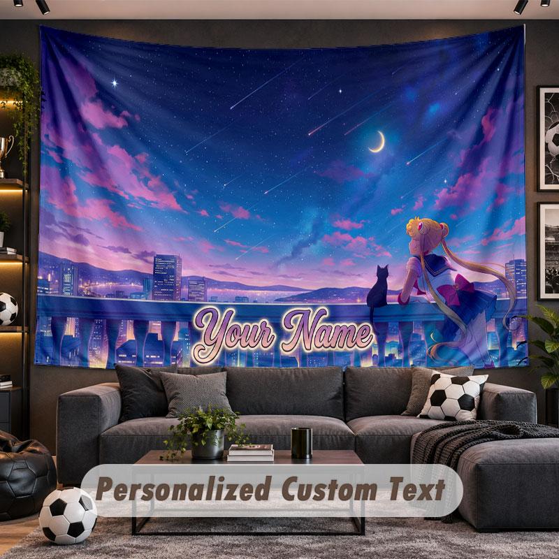 Wall Hanging Tapestry Custom NameSailor Moon Pattern Personalized Printed Fabric Wall Decor