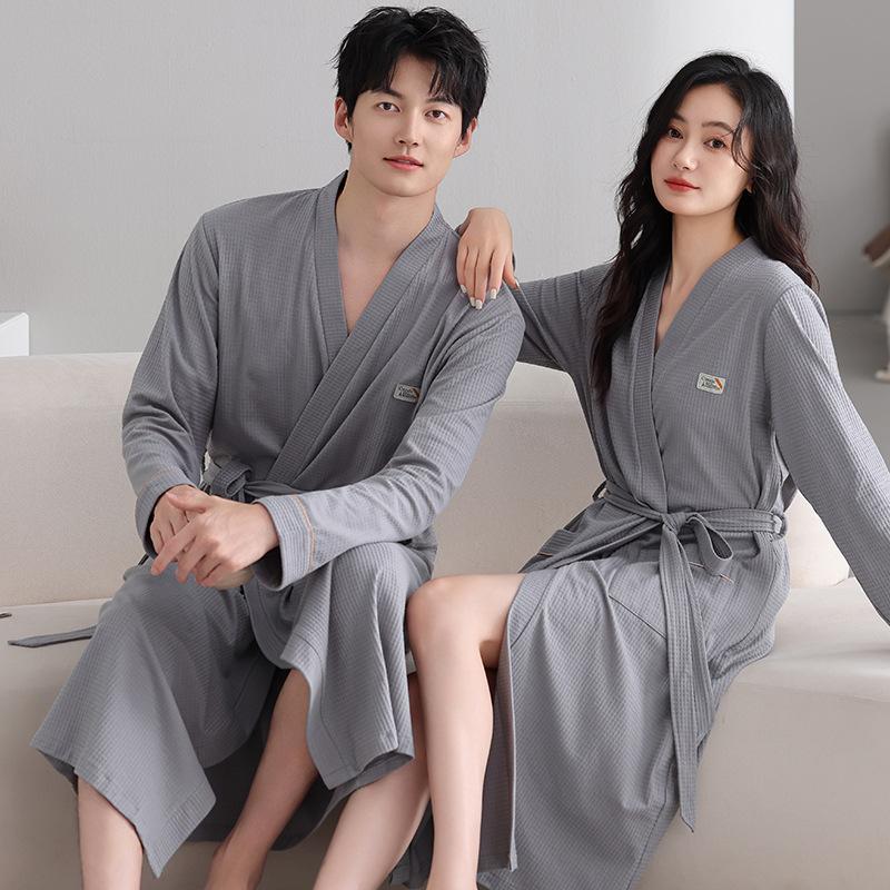 Couple Nightgown Spring And Autumn Pure Cotton Long-Sleeved Men'S And Women'S Bathrobes Medium And Long Pajamas Couple Outfit