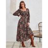 Women's Fashion Print One-line Collar Long-sleeved Dress