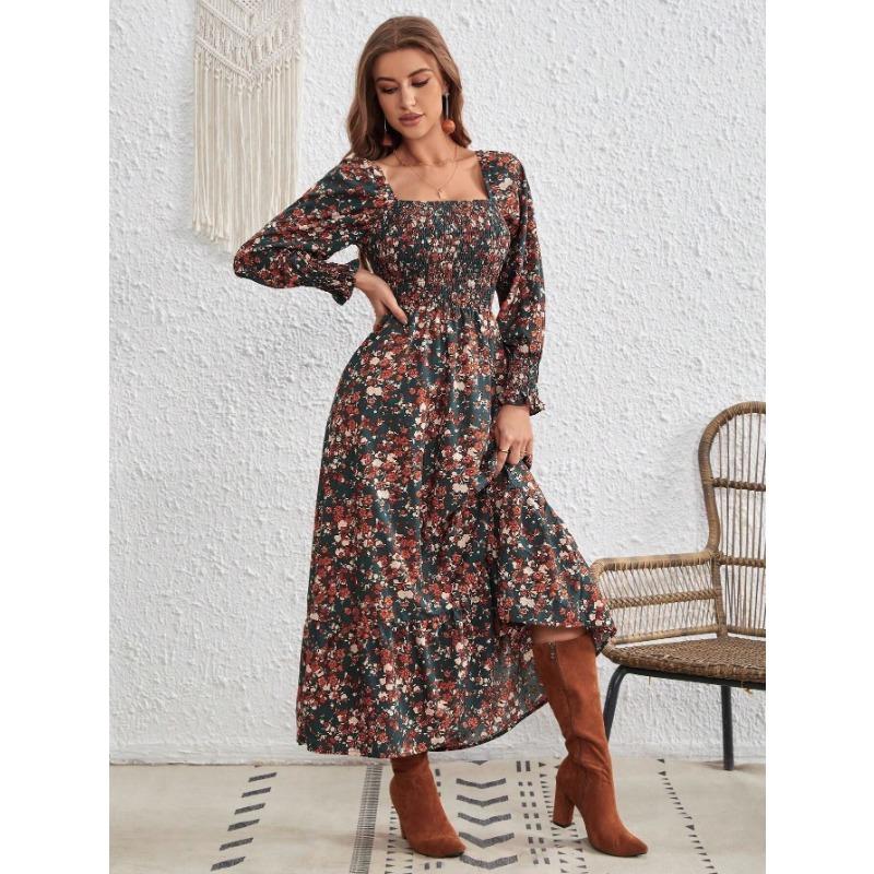 Women's Fashion Print One-line Collar Long-sleeved Dress