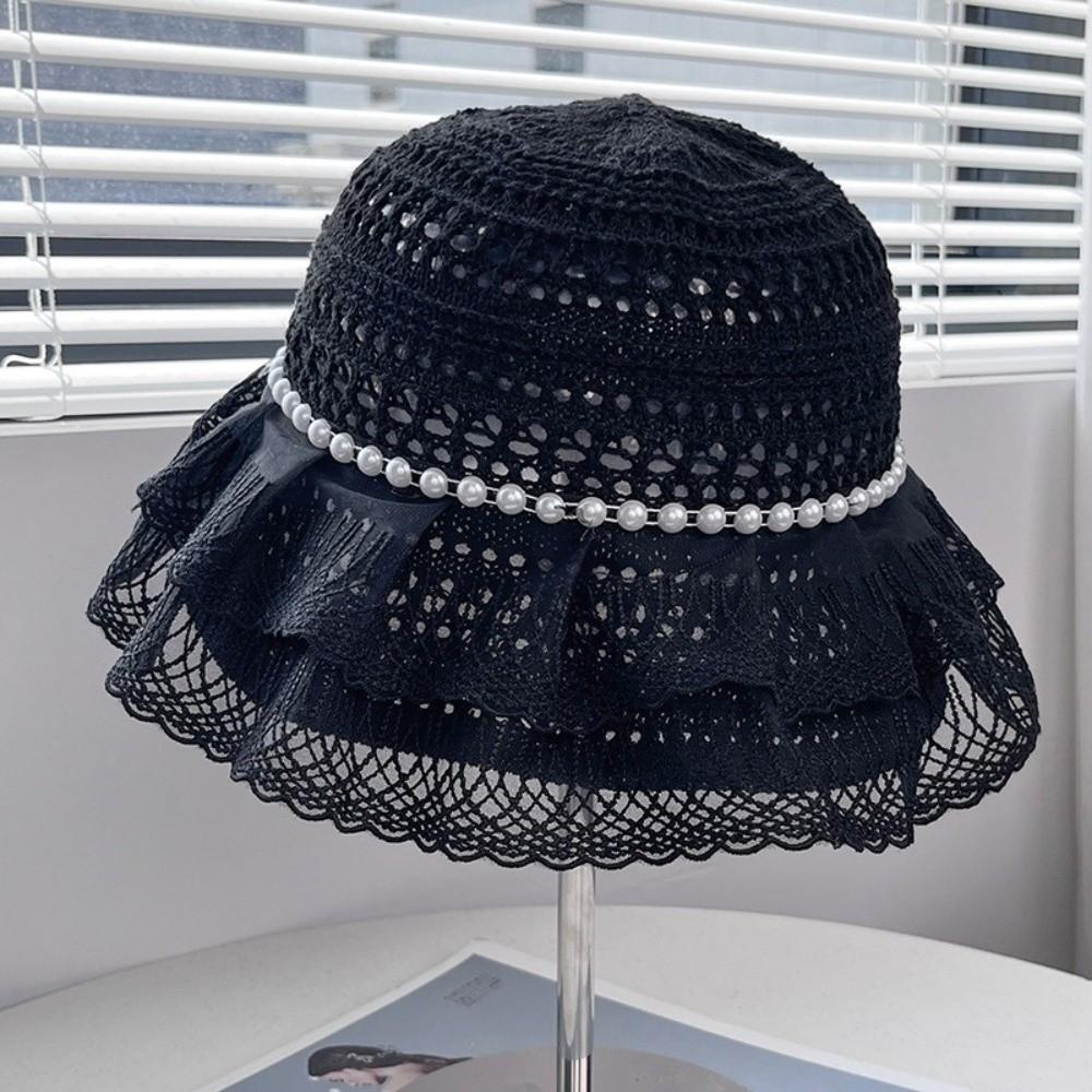 Pearl Decor Sun Hat Foldable Design Fisherman Hat French Style Bucket Hat  Outdoor Travel