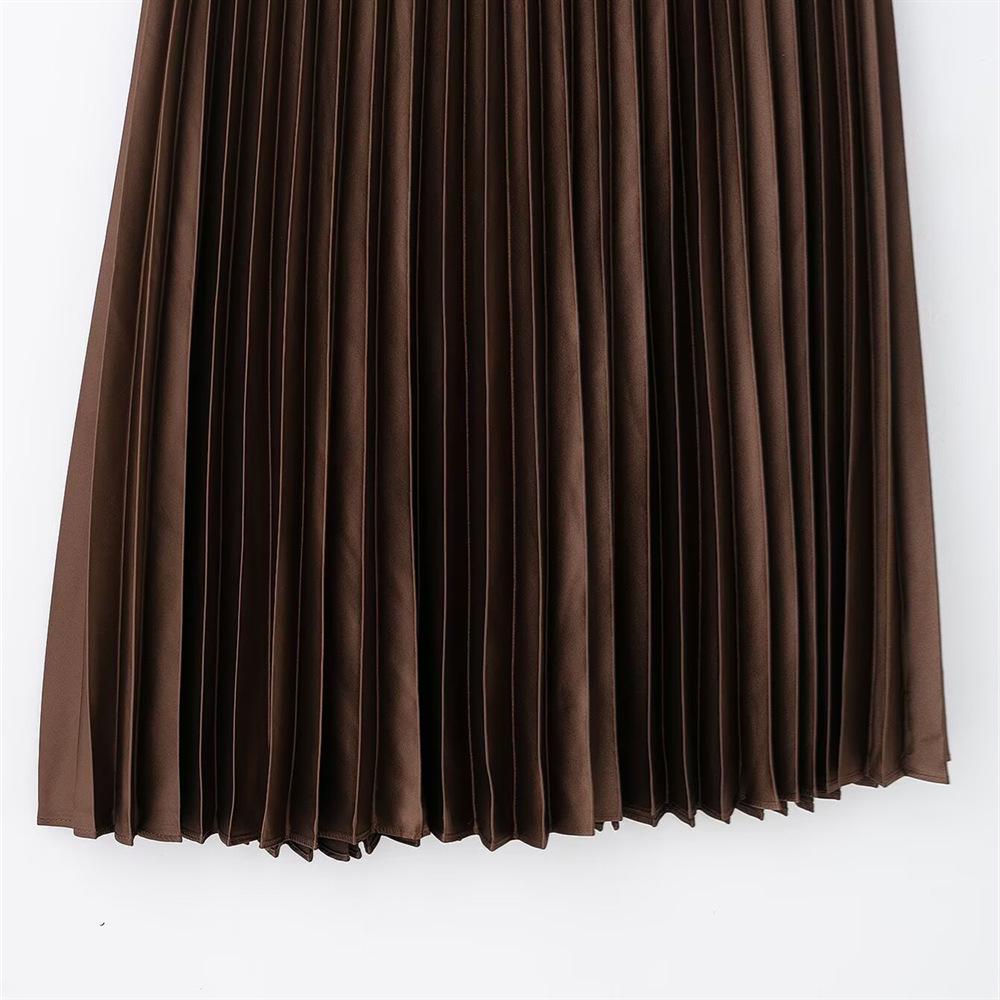 Spring 2025 Women's Slimming High-Waisted Silk Satin Pleated Midi Skirt