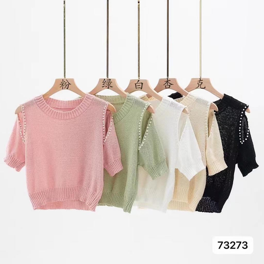 Summer Design Sense Round Neck Doo Beading Thin Short-sleeved Knit Shirt Top Female Casual Summer Essential Comfort and Style Slim Fit Pullovers Tees