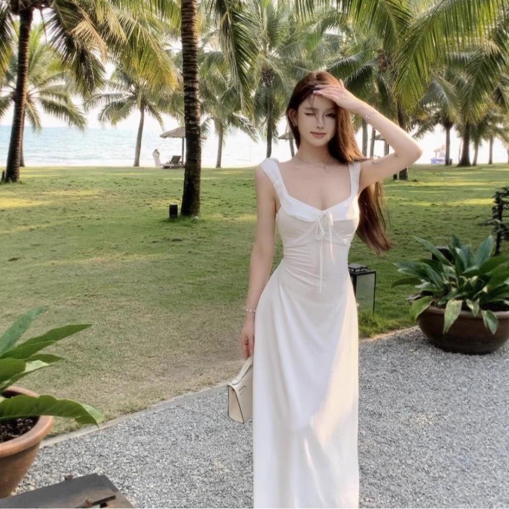 Women's Elegant White Spaghetti Strap Backless Summer Dress 2026 - Long, Beautiful Beach Photo Shoot Fairy Style