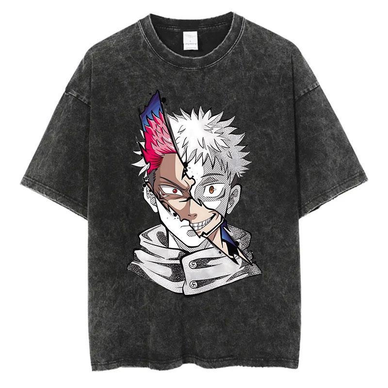 T-shirt Lavé d'Été Impression Graphique Anime Streetwear Vintage Oversize Homme Mode Coton Haut T-shirt Noir