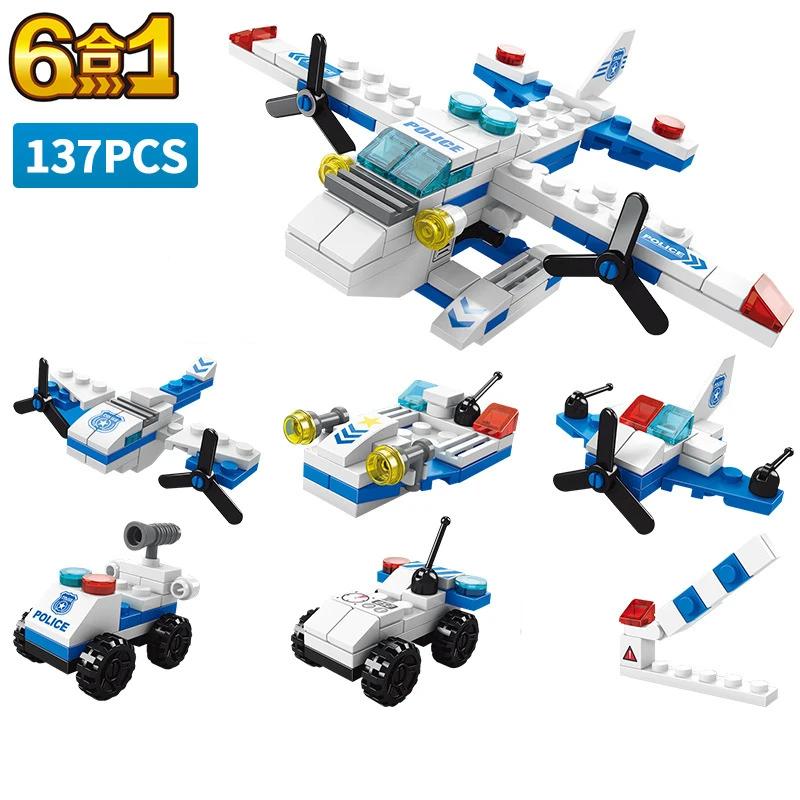 6In1 Police Sports Car Fire Engineering Engine Mini Loader Truck Plane Classic City Model Building Blocks Sets Bricks Toys Gifts
