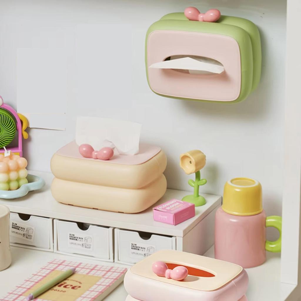 Kawaii Desktop Tissue Box Dopamine Bow Desktop Tissue Box For Living Room Dining Table Bathroom Bedroom Home Storage Accessories