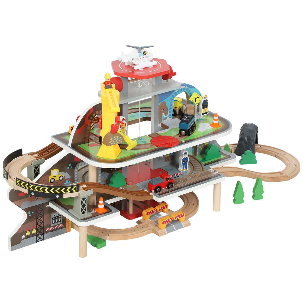 79 Piece Wooden Train Set, Kids Train Track Mine Themed with Crane, Helicopter