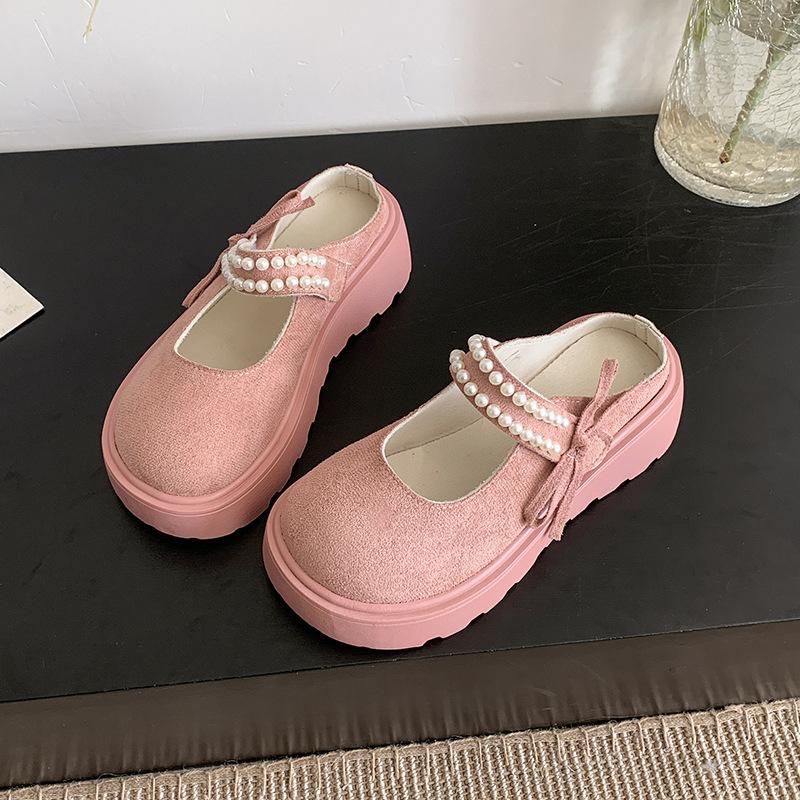 Liten väska huvuddrag dam vår ny retro mode pärla rosett tjockbottnade halvtofflor