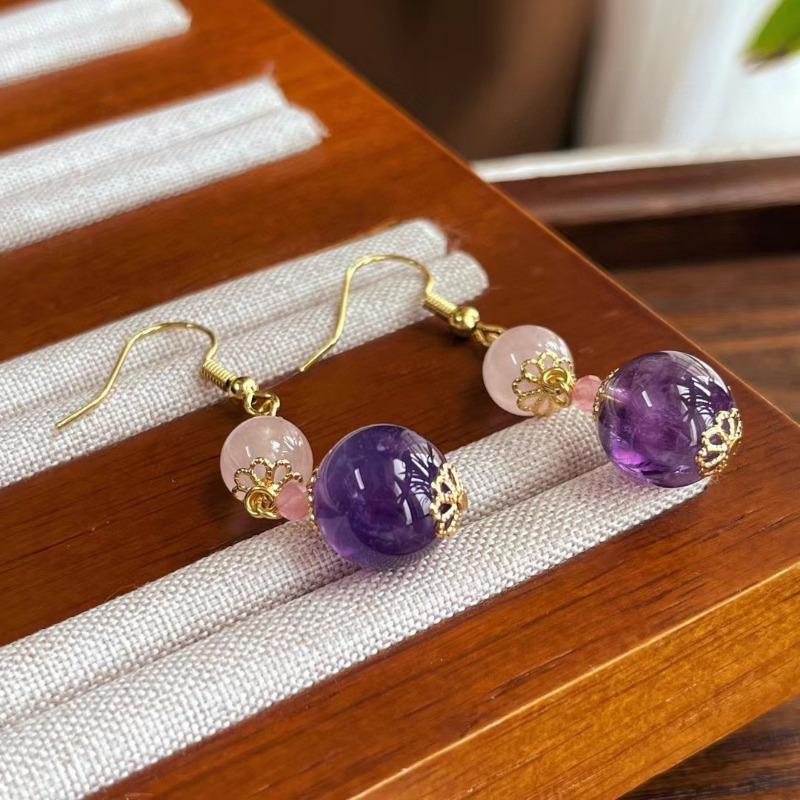 Gold Plated Natural Amethyst Clear Quartz Beaded Drop Earrings