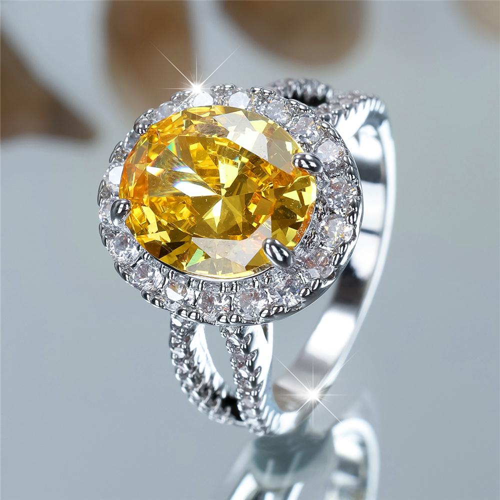 Luxury Female Big Yellow Zircon Stone Oval Engagement Rings For Women CopperColor Wedding Bands Jewelry Party Gifts
