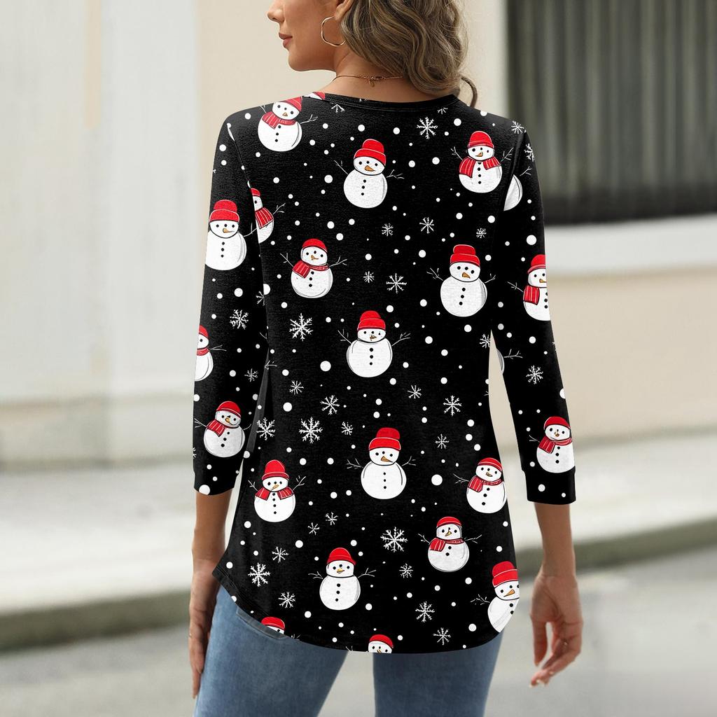 Women's T Shirt Christmas Print Button 3/4 Sleeve Daily Weekend Fashion Basic V- Neck Regular Top