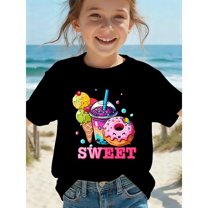 European sizes Girls' Fun "SWEET" Milk Tea Donut Graphic T-Shirt, Cute Children's Spring/Summer O-Neck Short Sleeve Top for Daily Casual