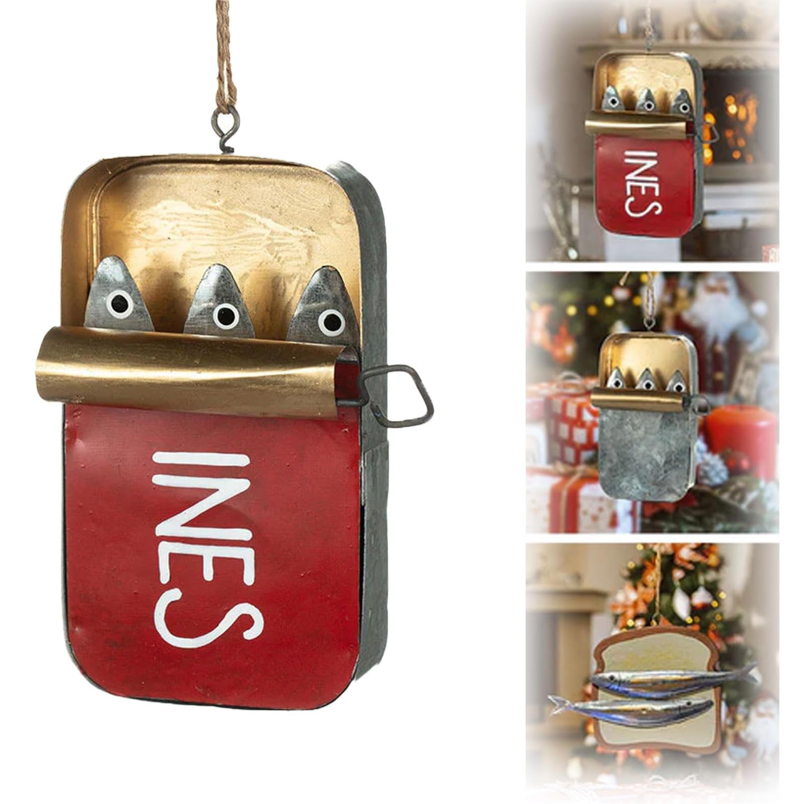 

Банка сардин, необычный подвесной орнамент, банка для сардин, декор из сардин, рыбные консервы, коробка с морепродуктами, украшения, подарки A