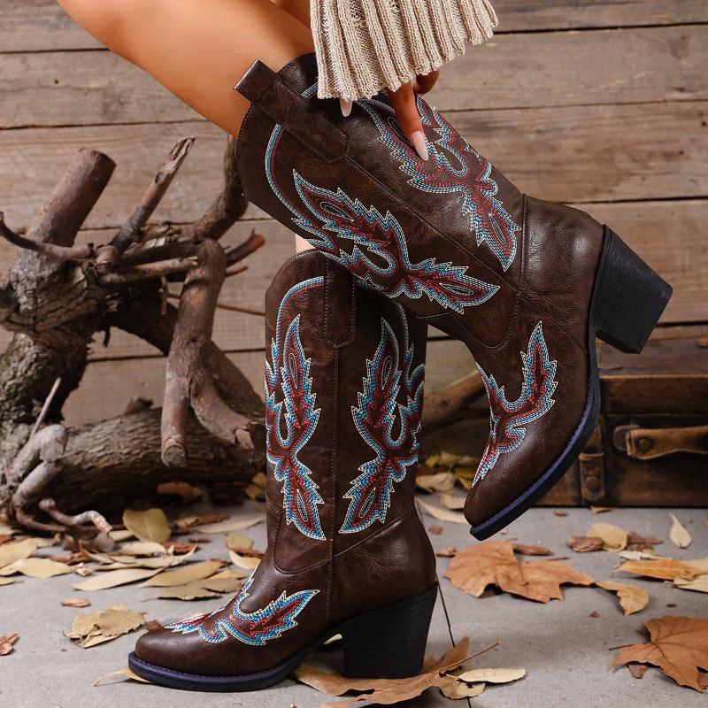 Fashion Retro Ethnic Embroidered High Heel Mid-Tube Boots for Women