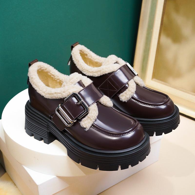 

thick-soled heightened velvet loafers women s new British style one-word buckle strap high-heeled small leather shoes versatile single shoes cotton sh 40