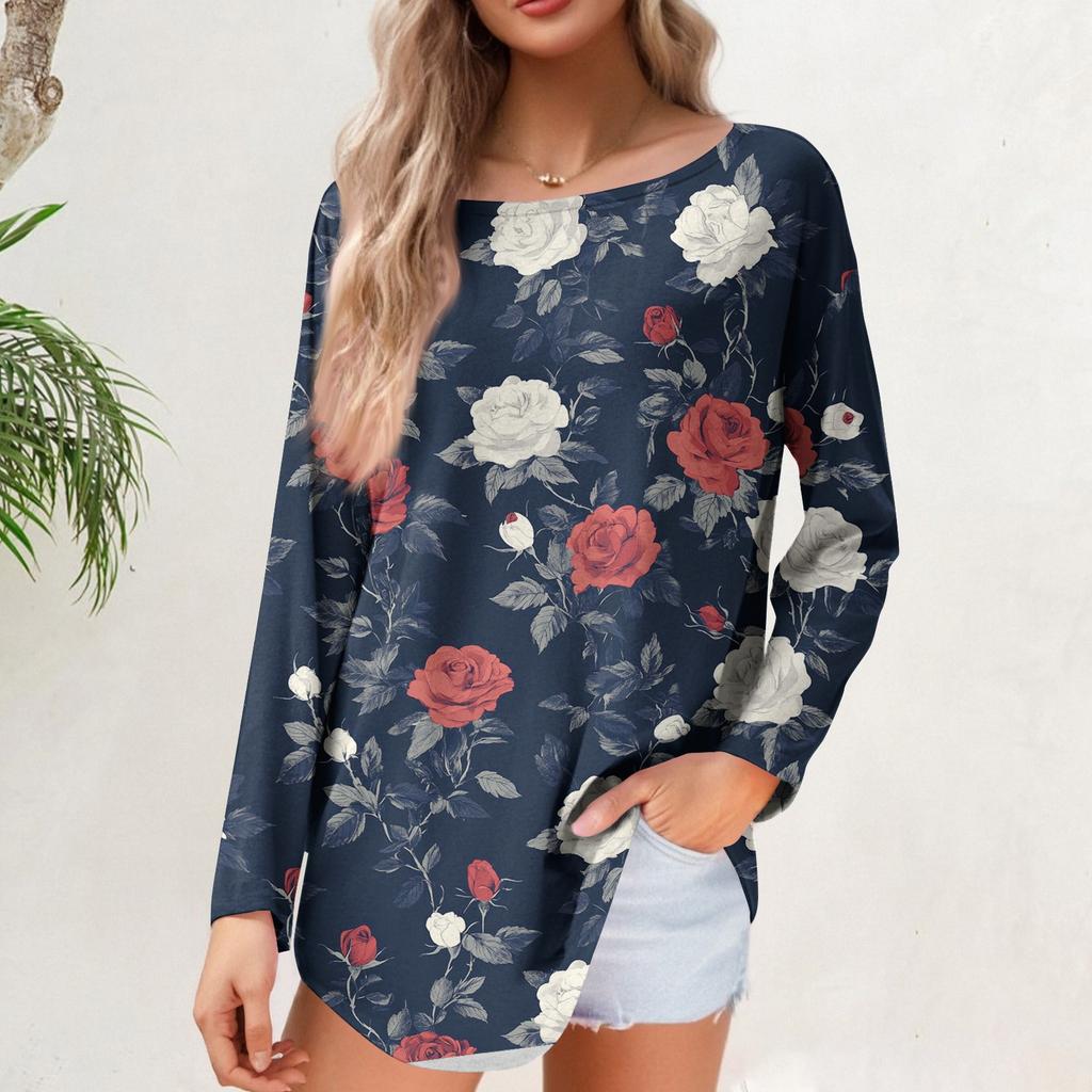 Women's Loose Casual Flower Printed Round Neck Long Sleeved T Shirt Top Pullover Long Sleeved Sweatshirt
