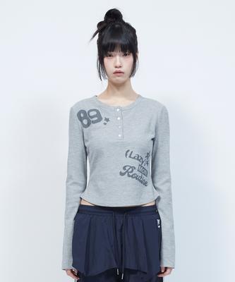 LMR Lettering Graphic Waffle Henley Neck Long Sleeve T-Shirt Grey