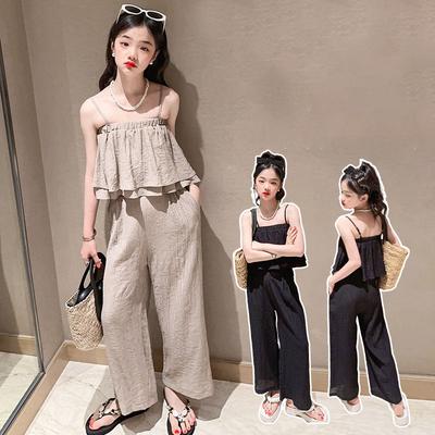 Summer Teenage Girls Clothing Sets Children Fashion Sling Tops + Wide Leg Pants 2Pcs Outfits Kids Tracksuit 4 6 8 10 12 14 Years
