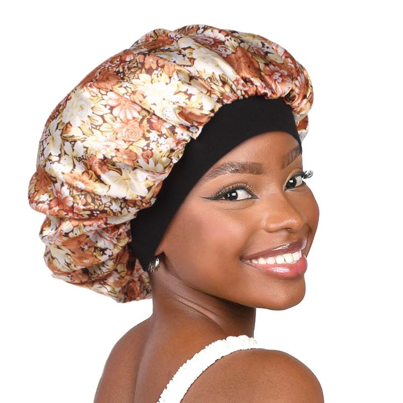 Women Satin Bonnet Elastic Wide Band Floral Printing Night Sleep Hat Hair Loss Head Wrap Chemo Hair Care Shower Makeup Cap