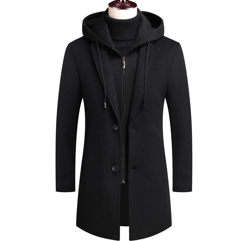 Herbst- und Winter Herren Wollmantel Mittel und Lang Doppelkragen Abnehmbare Kapuze Wollmantel Herren