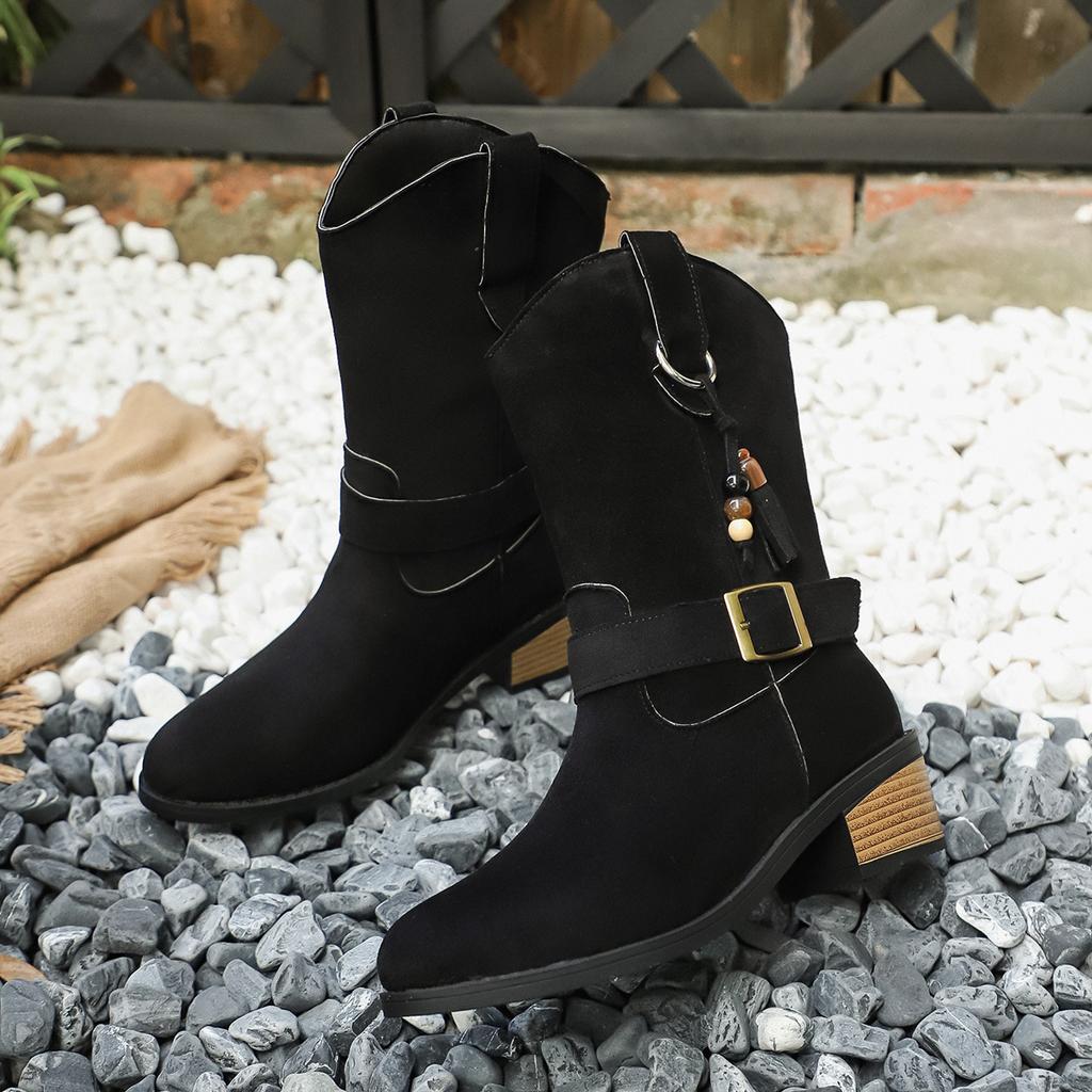 Autumn Winter Western Ankle Boots Women Suede Chelsea Women Shoes New Chunky Mid Heels Motorcycle Round-toed Botas Women