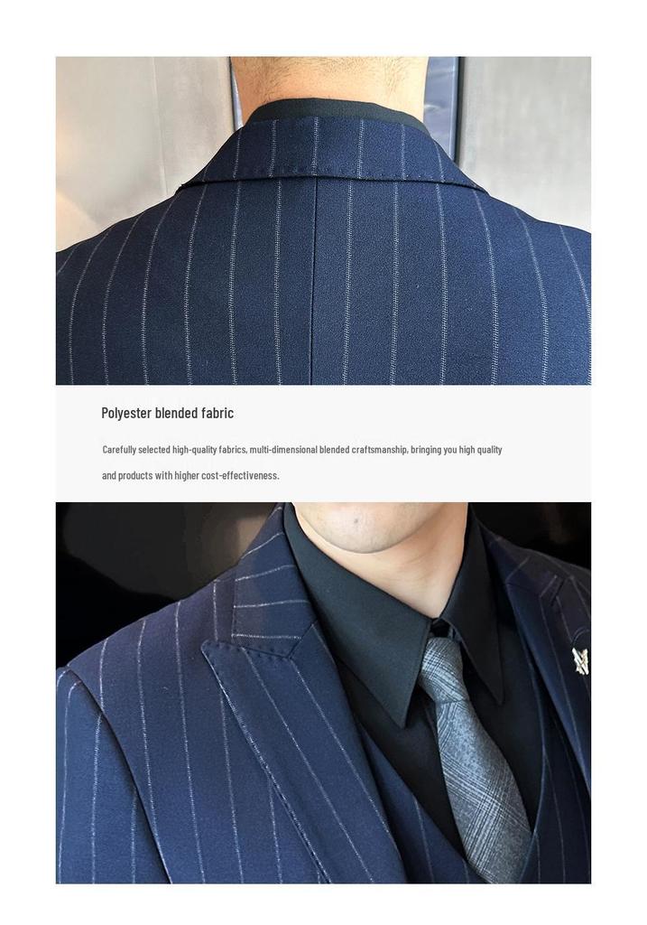 Slim Fit Striped Three-Piece Men's Suit - Casual Single-Breasted Wrinkle-Resistant Formal Wear.