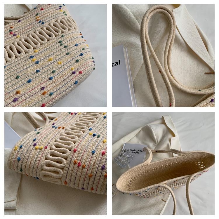 Retro Style Women's Color Block Large Cotton Rope Woven Beach Bag
