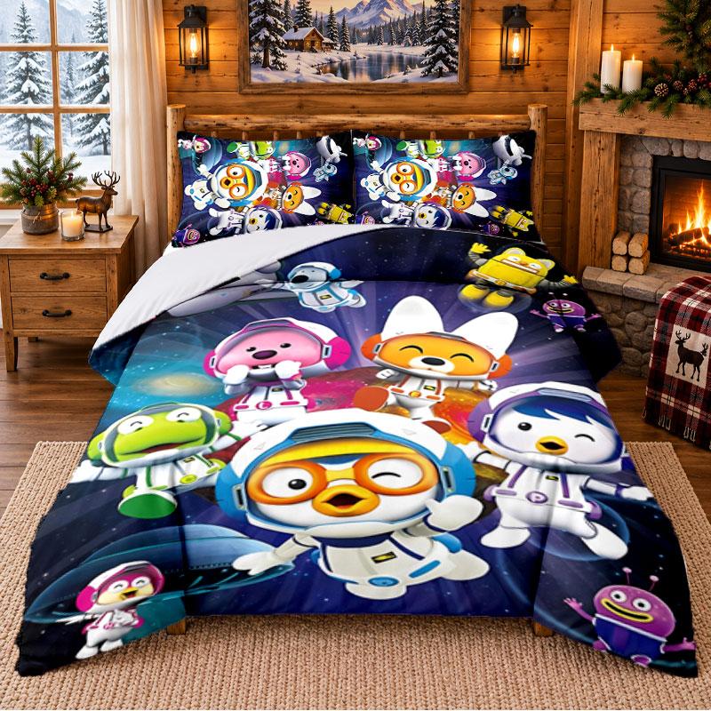 Pororo Patronen Beddengoed 3-delige Set Hoeslaken En Kussenslopen Voor Binnen Slaapkamer