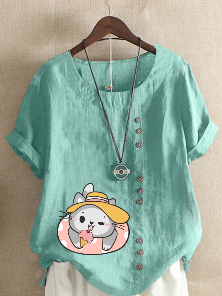 Women's Fashion Cat Print Shot Sleeve T-shirt Loose Cotton Shirt Casual Loose Summer Blouse Tops Plus Size