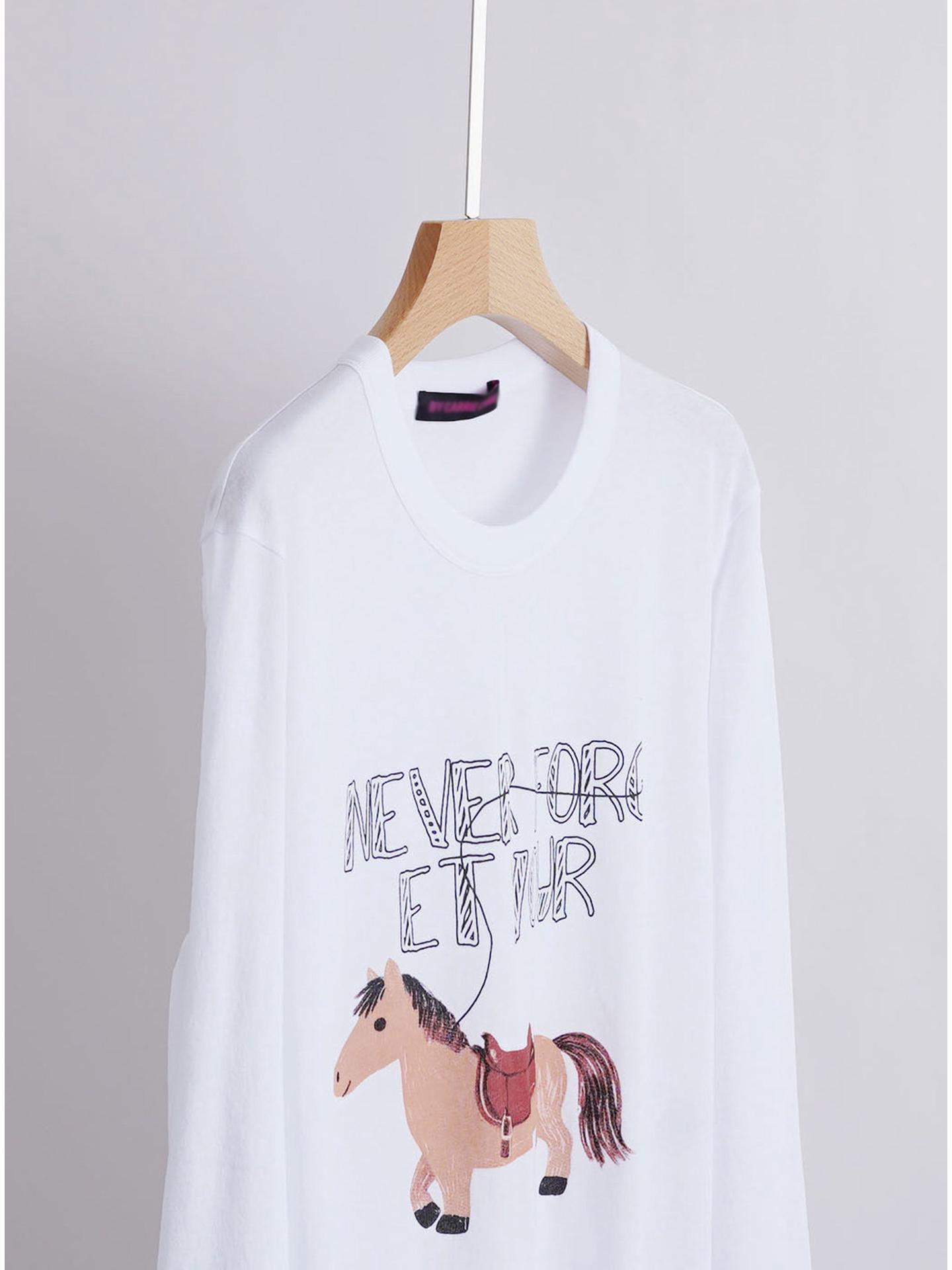 Women s Horse Print Cotton Long-Sleeve Tee, Spring 2026, Old Money Style, Round Neck Small белый