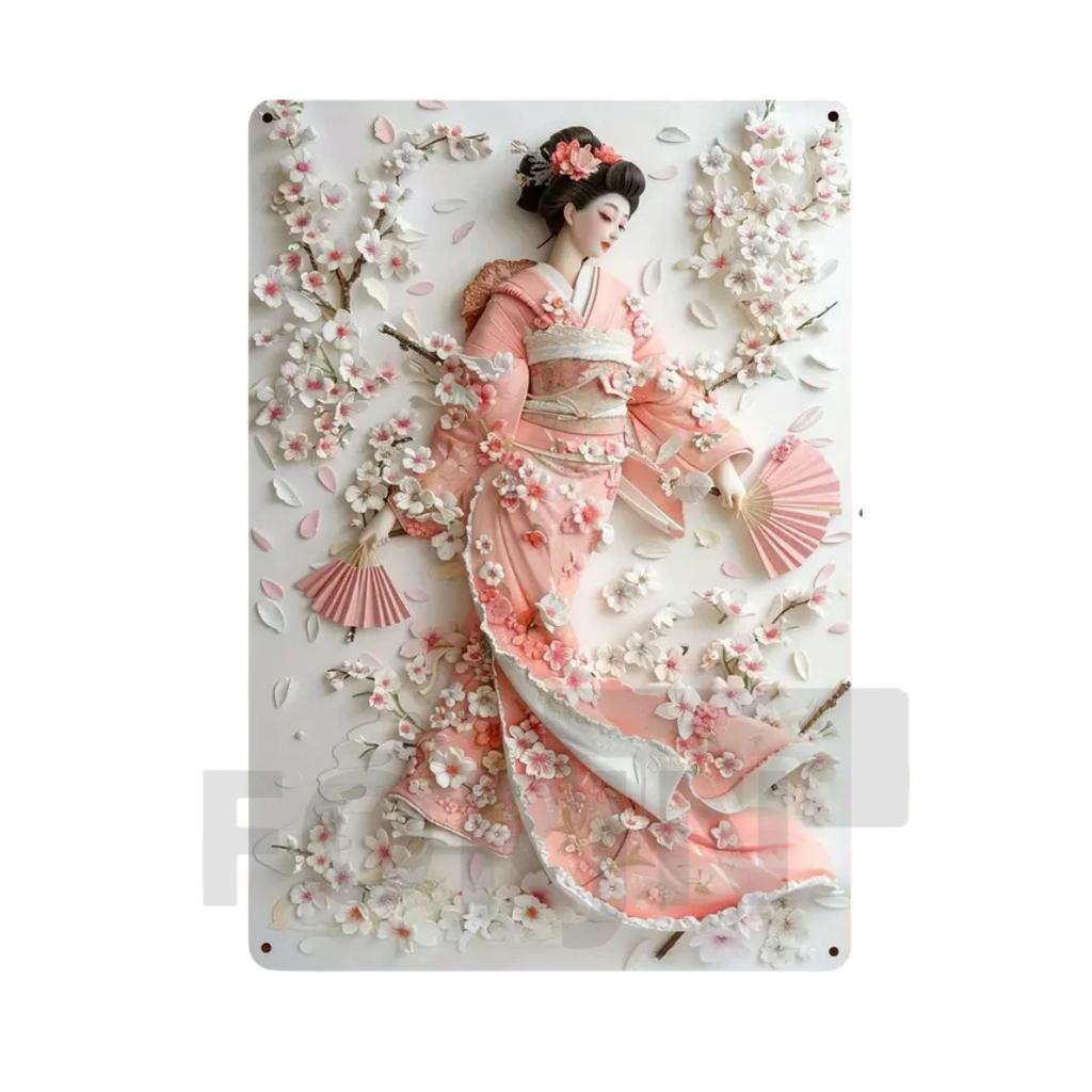 Panneau Métal Kimono Geisha Japonaise, Affiche Art Élégant Japon Fleurs de Cerisier 2D, Décor Mural Maison, Chambre, Bureau, Izakaya, café, Studio