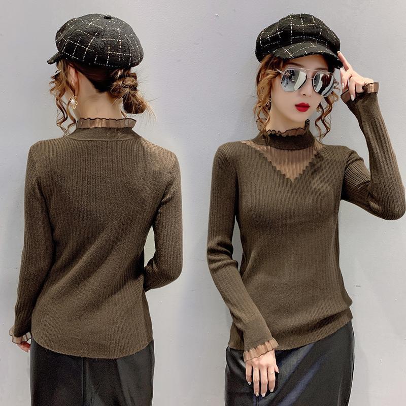Women Half High Neck Lace Stitching Hollow Sweater Slim Inner Wear Knitted Bottoming Shirt Female Tops Autumn and Winter