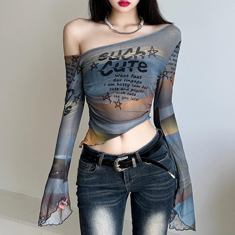 

Spicy Girl Y2K Color Block Off Shoulder Letter Print Mesh Flared Sleeve T Shirt Irregular Hem Niche Crop Top L