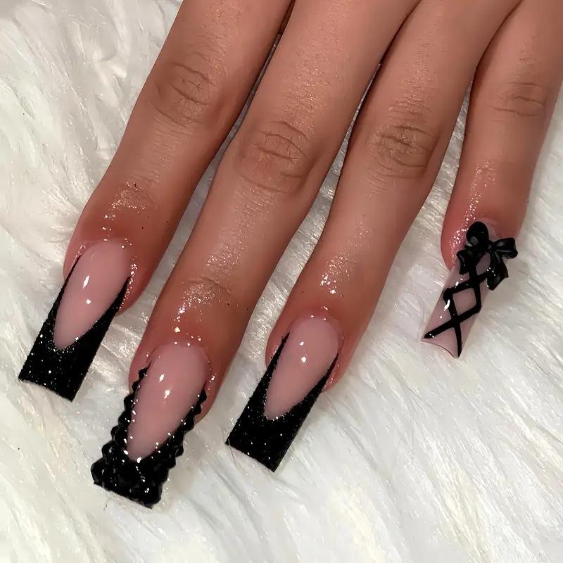 24Pcs Long French Fake Nails with Glue Ballet False Nails Butterfly Rhinestone Design Press On Nails Wearable Coffin Nail Tips