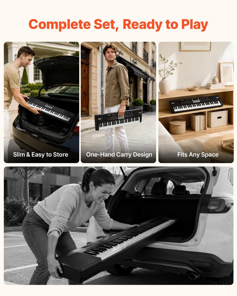 VEVOR Digital Piano 61 Keys Semi Weighted Electric Keyboard Portable Black, for Beginners, 100 Tones, 100 Rhythms, Electronic Piano