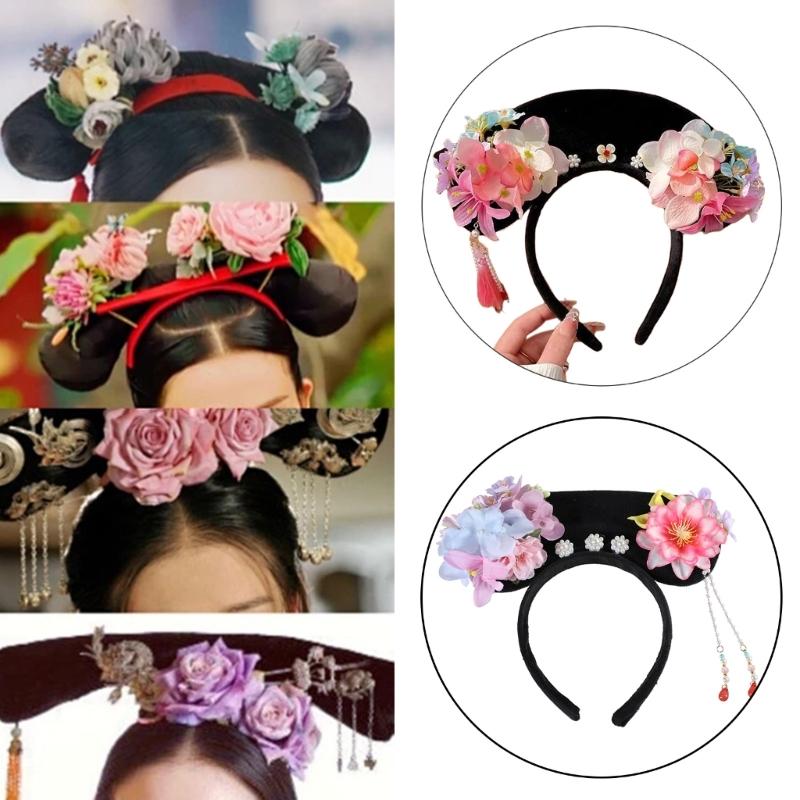 Ancient Chinese Qings Costume Flower Hairband Wedding Hairband Theme Party Gathering Headband Stage Performances Props