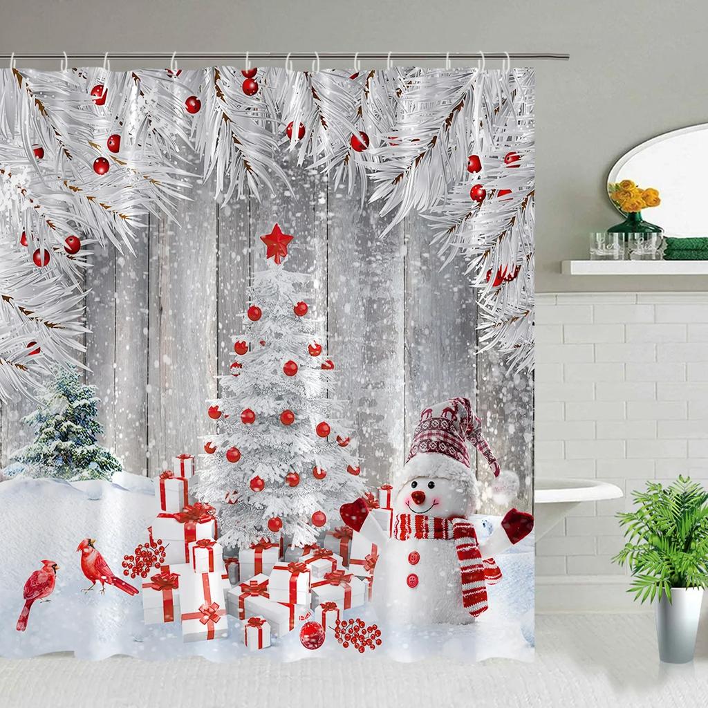 Merry Christmas Shower Curtains Red Xmas Ball Fir Snow Fabric Cloth Bathroom Curtain Set Bath Decor With Hook Polyester Washable