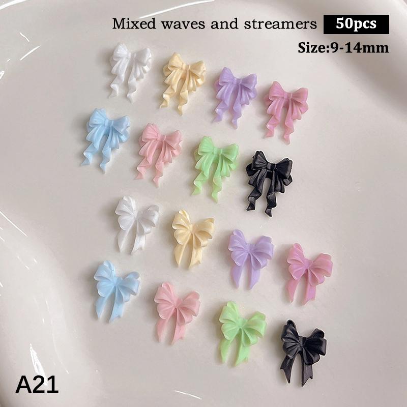 50 vnt. Ilgi banguoti lankeliai Nagų dailės priedai 2 dydžiai Spalvingi kaspino lankeliai 3D dervos nagų pakabukai Japoniškas nagų dekoras Mielos detalės Kaspinas