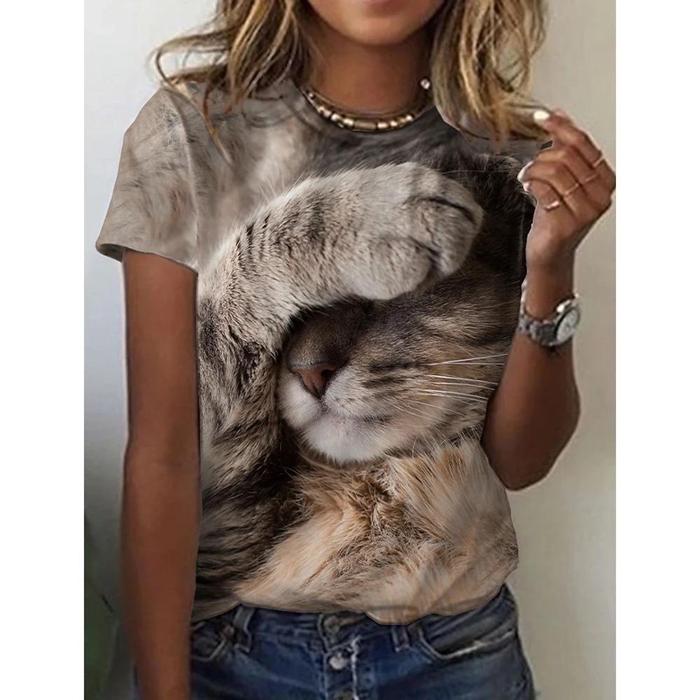 Women 3d Cute Cat Print Fashion Y2k Tops Kawaii Oversized Summer O-Neck Top