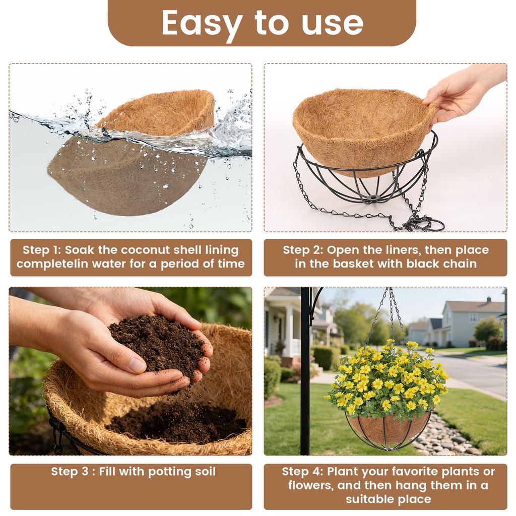 4Pcs 10 Inch Hanging Flower Basket Outdoor Coco Liner Round Hanging Flower Pot with Chain and Hook Metal Plant Basket for Garden
