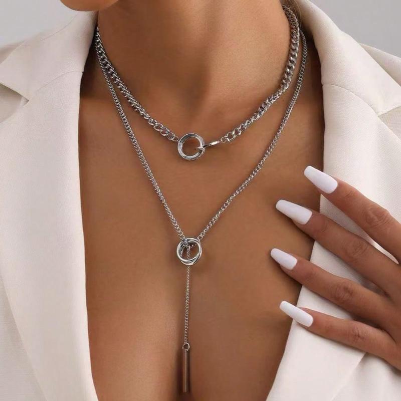 

1 шт. Женское модное двухслойное ожерелье, Двойной круг, Длинная кисточка-подвеска, Элегантный повседневный дизайн цепочки для свитера Double-layer Fine Chain Necklace&one-size
