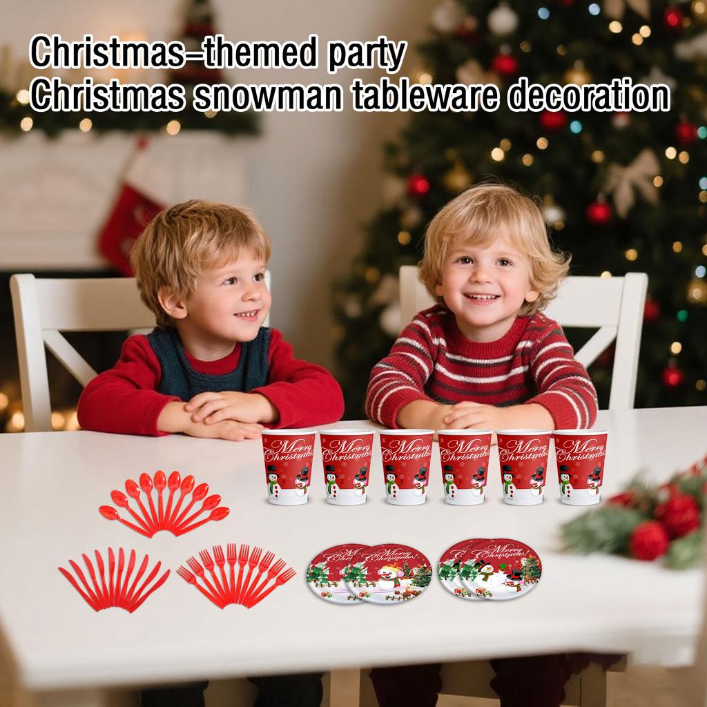 Christmas Themed Party Decoration, Christmas Snowman Paper Cup, Paper Tray, Knife, Fork, Spoon